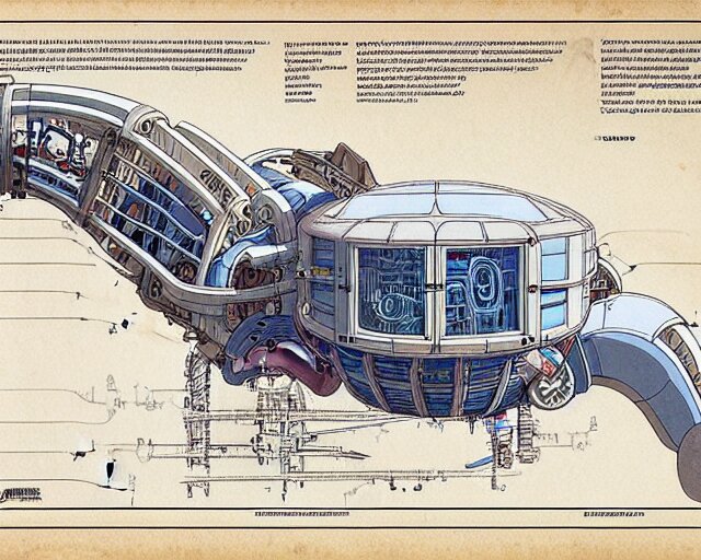 a full page of a mechanical blueprint showing a cutaway design for a mechanized brontosaurus from howl's moving castle ( 2 0 0 4 ), with people inside piloting it, muted colors, post grunge, studio ghibli, hq, 