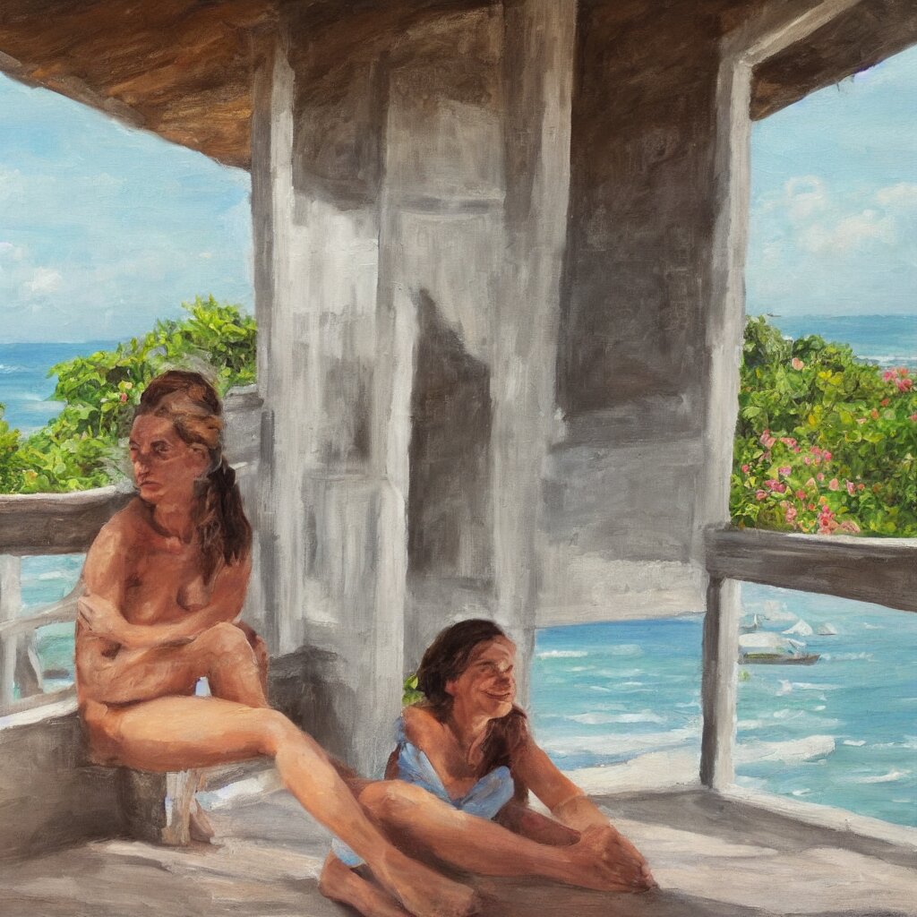 a beautiful woman with freckles sitting on the porch of a one-story house in the caribbean watching the sea, realistic, oil on canvas