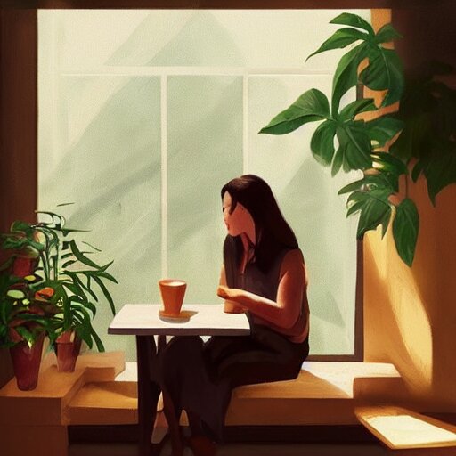 a cozy cute cafe with a window and plants, a young pretty filipino woman sits with an espresso, golden morning light, dramatic light, happy cozy feelings, oil painting trending on artstation 