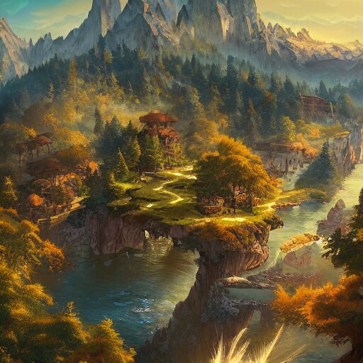 a birds eye view overlooking an ancient fantasy city surrounded by mountains and trees of greens and browns, rivers and lakes by Jordan Grimmer, Asher Brown Durand and Ryan Dening, 8k, artstation, beautiful color pallette