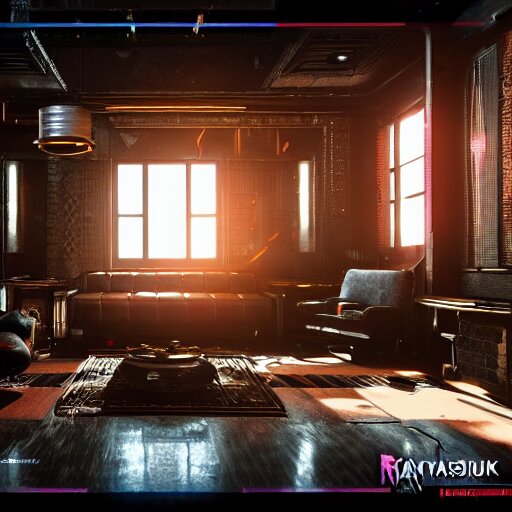 A photograph of interior of cyberpunk mansion set in a cyberpunk utopia. Highly detailed, 8k wallpaper, HDR, concept art, unreal engine 5, 4k, 8k, ray tracing, bloom, lens flare