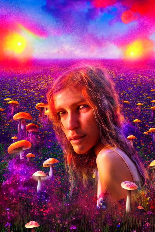 hyperrealistic portrait of melting hippies - epic cinematic mushrooms with psychedelic field of flowers, highly detailed smooth digital art masterpiece, pablo amaringo dramatic low light, ground angle uhd 8 k, sharp focus 