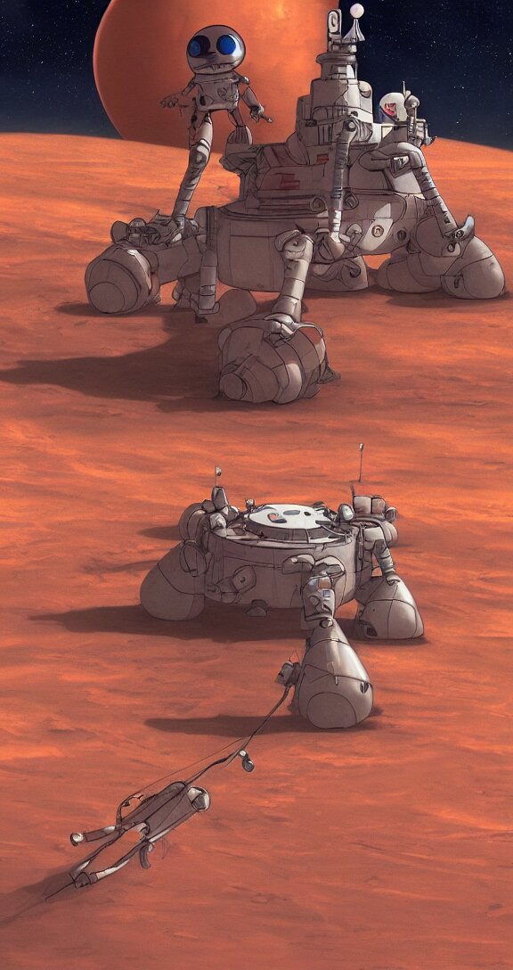 Spaceship on mars, detailed facial features, full body, elegant, by studio ghibli, artstation