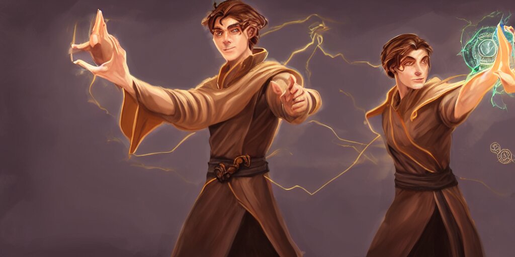 concept art of a handsome young caucasian male sorcerer with brown hair he is casting a spell that is emanating from his hands he is in a alchemist lab, action pose, medium shot, waist up, dungeons and dragons art, magic the gathering art 