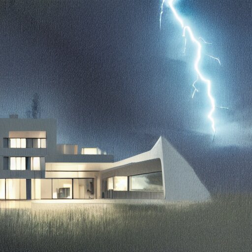 exterior view of modern futuristic haunted house architecture, on a hill with a view overlooking the city, lightning in grey skies, detailed luminescent oil painting 4 k 