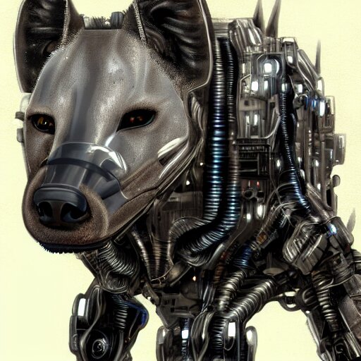 cybernetic hyena, bladerunner style, cyborg with lots of metal and wires, realistic highly detailed concept art 