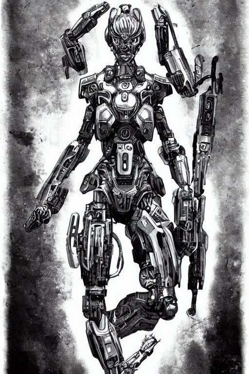 full body illustration female cyborg, highly detailed, sumi - e art, suiboku - ga ink, by kim jisu, pen and ink monochrome, mecha, deviantart, artstation, pinterest 