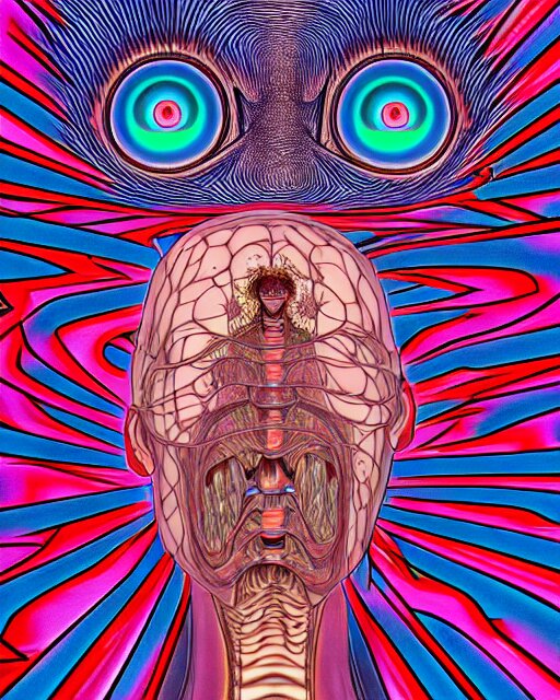 human body breaking away, conjuring psychedelic background, part by shintaro kago, part by alex gray, ultra realistic, highly detailed, 8 k, trending on artstation, fractalism, symmetry 