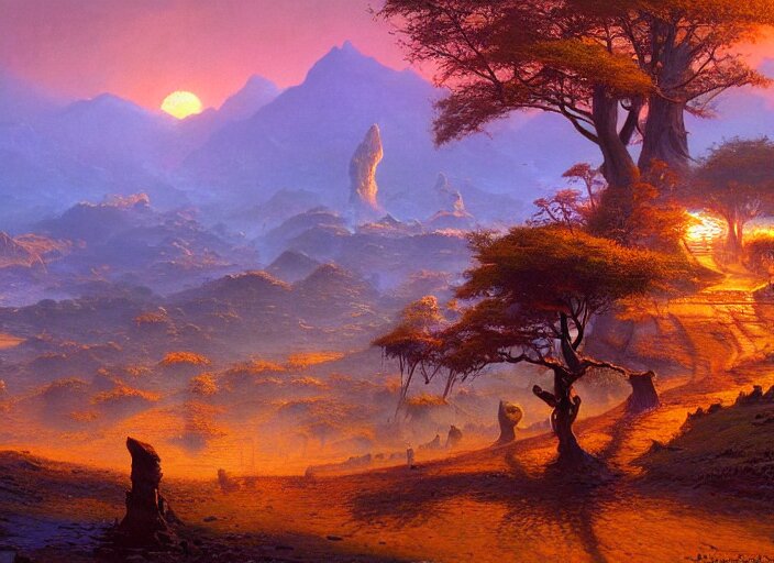 The ash lands of Morrowind by Bruce Pennington, fantasy landscape, oil painting, 8k, featured on artstation, elegant, intricate