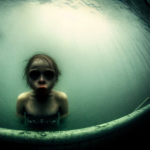 sea monster about to eat pov underwater, pale skin, dark yellowish water, foggy water, dark, dramatic,'silent hill ', big eyes, alluring and terrifying, cinematic 