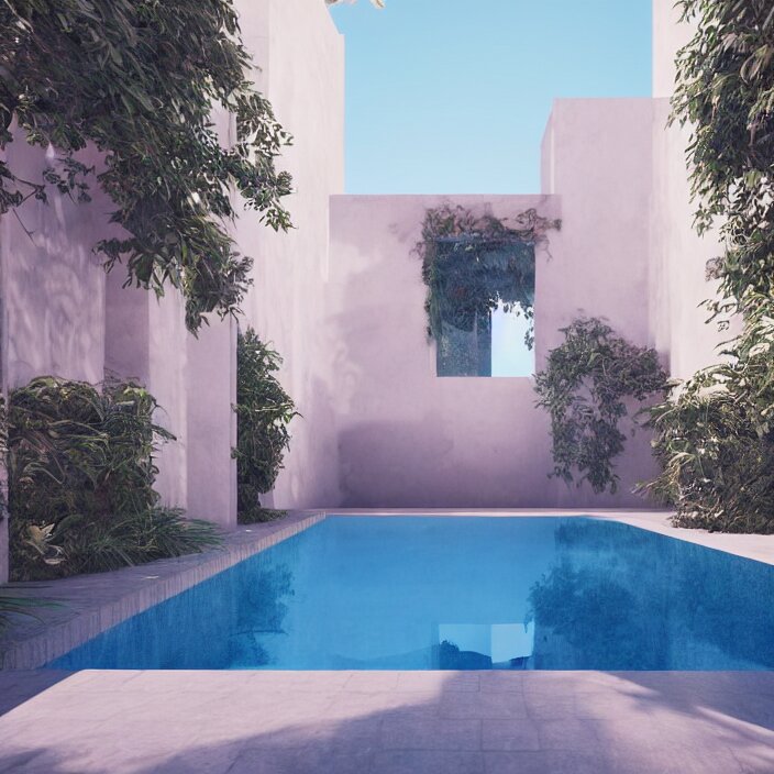 a room with a pool in the middle of it, a digital rendering by ricardo bofill, featured on cg society, hypermodernism, vray tracing, rendered in unreal engine, liminal space 