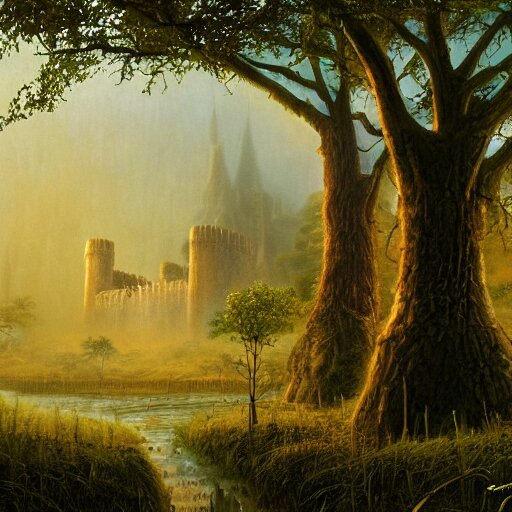 fortress in the misty woods, crisp, clear, matte oil painting, darrell k sweet, wallpaper 