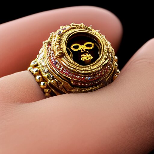 complex golden ring with cameo and gems on the female model hand with bust with a cyberpunk style, 8k, details