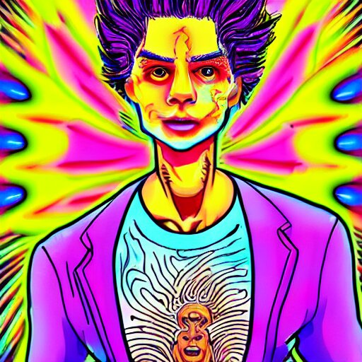 a psychedelic young godlike humanoid, hyper detailed, in the style of rutkowski and junji ito and bob ross and lisa frank, selfie 