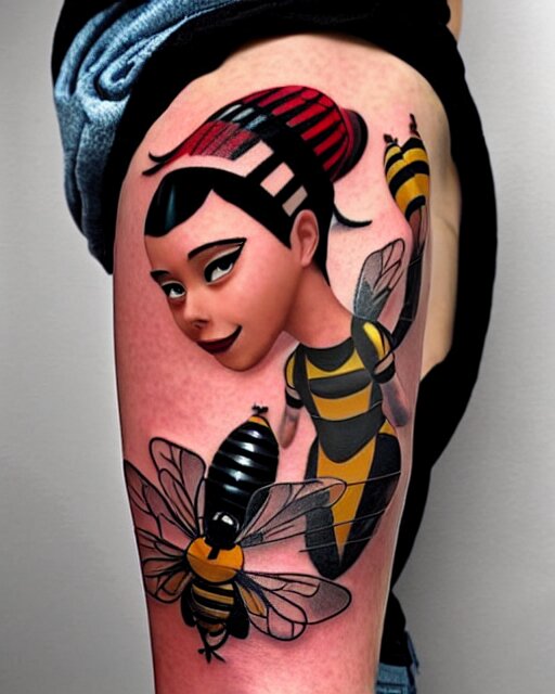 a tattoo of bee movie on the face of a woman with crimson - black hair, cute crimson - black bee - themed outfit, cinematic lighting, beautiful composition 