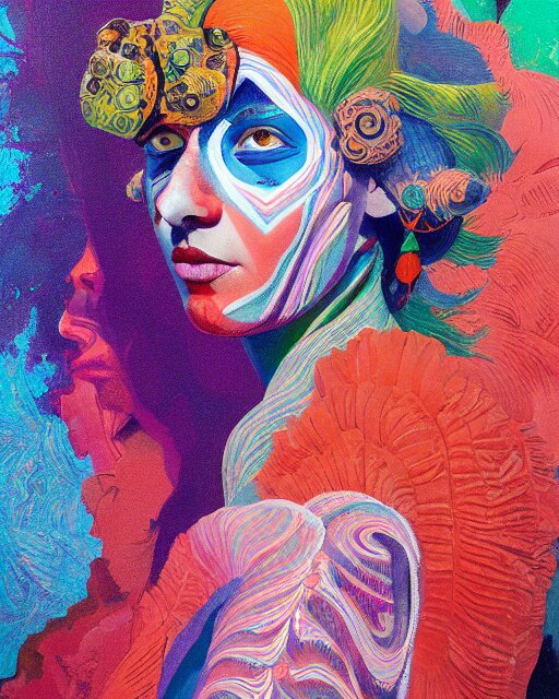 a beautiful girl wearing colourful face paint surrounded by bright intricate patterns, painted by edward hopper, wayne barlowe, painted by james gilleard, airbrush, art by jamesjean 