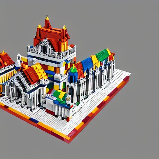 isometric view of a lego church, lego bricks, model church, geometric isometric view 