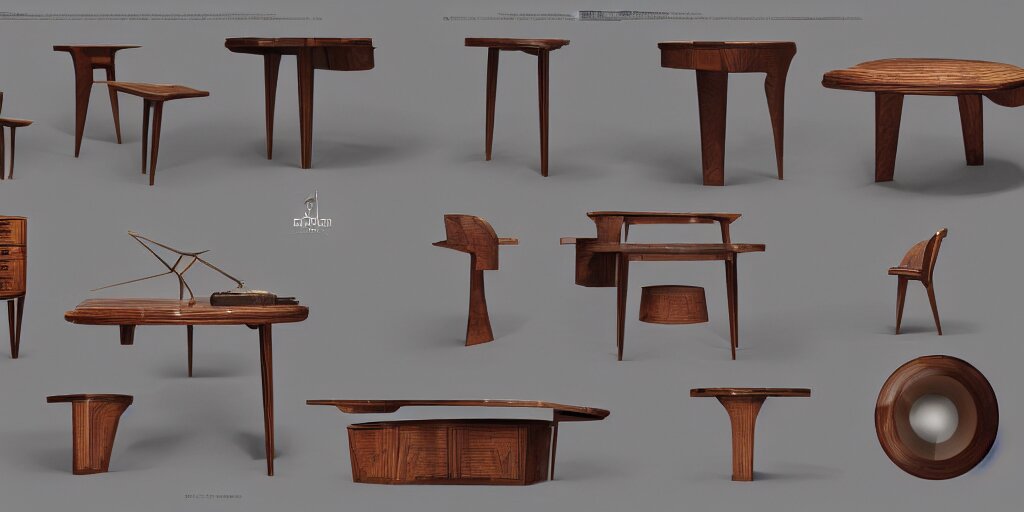 furniture design art deco, 3d render, furniture design sheet, Greg Rutkowski, Zabrocki, Karlkka, Jayison Devadas, Phuoc Quan, trending on Artstation, 8K, ultra wide angle, zenith view, pincushion lens effect