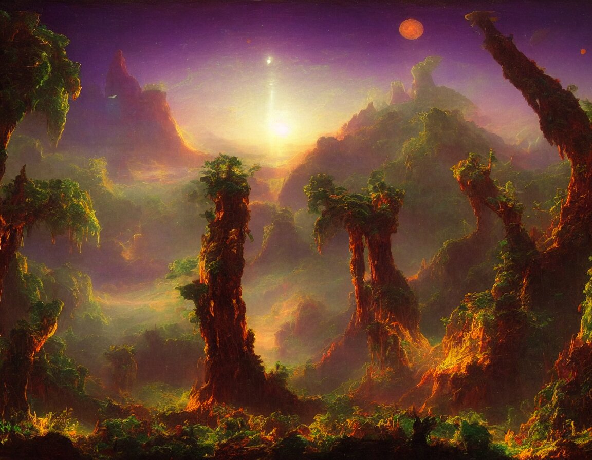 night on a trippy alien planet full of bioluminescent flora, concept art by albert biertadt, thomas cole, frederic edwin church, hudson river school, majestic, awe - inspiring, breathtaking 