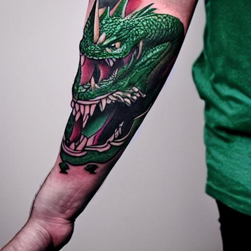 forearm tattoo of a dragon with a green emerald in its mouth, dark and vibrant forearm tattoo