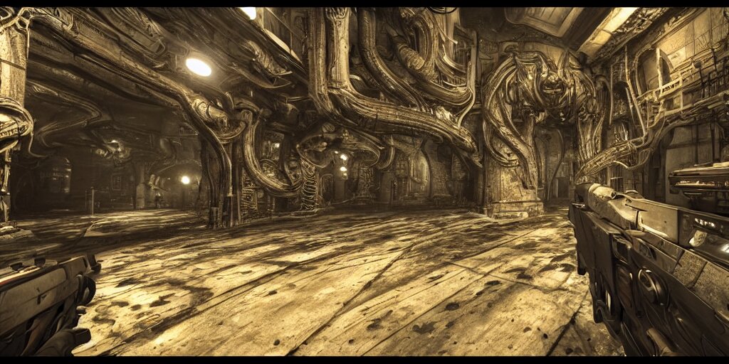 Gameplay footage of a first person game designed by H.R Giger and Kojjima, amazing graphics, raytracing, detailed