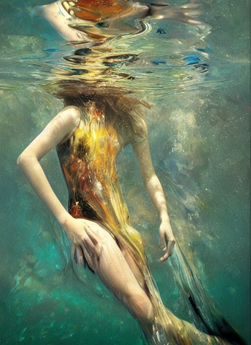 girl in a long dress swimming underwater, caustics, surreal underwater photography, oil painting by Boldini