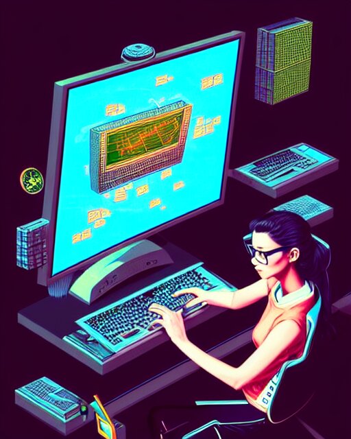 richly detailed color illustration of a nerd-using-a-computer-to-crack-the-code surrounded by technology illustrated by Artgerm and Mina Petrovic and Timothy Kong and Marina Federovna. 3D shadowing