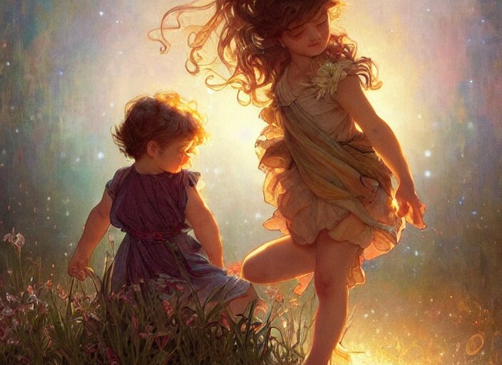 A cute little girl with shoulder length curly brown hair and a cute little boy with short blonde hair dancing with fireflies. beautiful fantasy art by By Artgerm and Greg Rutkowski and Alphonse Mucha, trending on artstation.