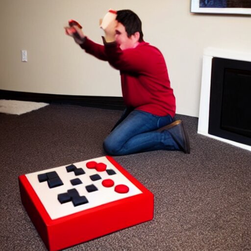 a photo of someone throwing a question block from the mario videogames on to the floor, breaking 