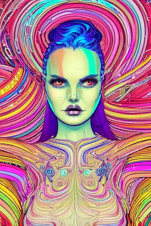 a award winning portrait of a beautiful woman with stunning eyes in a one off shoulder croptop and cargo pants with rainbow colored hair, outlined by whirling illuminated neon lines and fine lines swirling in circles by joe fenton, digital art, trending on artstation 