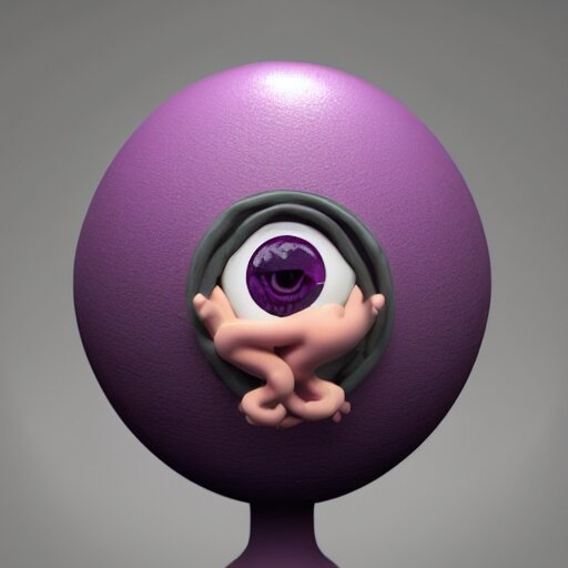 photo of a clay model of character with large spherical purple head and tiny eyes with comically tiny body and spindly limbs leans close to the camera, fish eye lens, 4 k, hyper realistic, hyper detailed face, octane render 