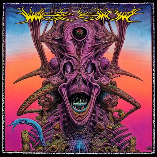 stoner metal album cover in the style of wayne barlowe and  kenny scharf and philippe druillet, realistic, insanely detailed, intricate, smooth, airbrush, play-doh