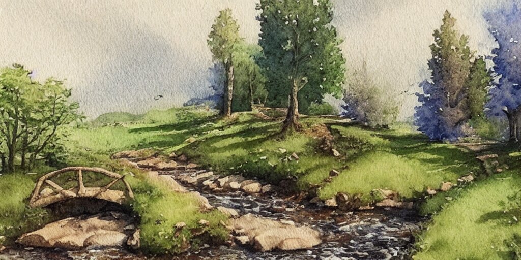 medieval path in the countryside, crossing a small river with a small bridge, exquisite masterpiece watercolor painting, trending on artstation 