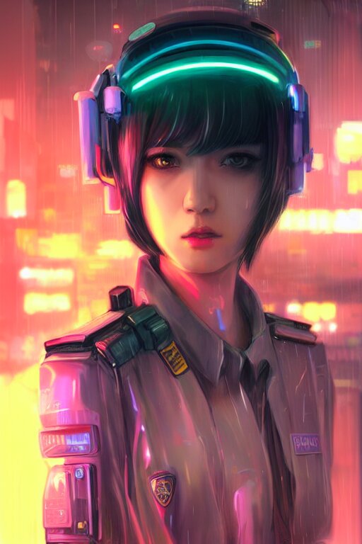 portrait futuristic kawaii cyberpunk female police, in heavy rainning futuristic tokyo rooftop cyberpunk night, ssci-fi, fantasy, intricate, very very beautiful, elegant, neon light, highly detailed, digital painting, artstation, concept art, soft light, hdri, smooth, sharp focus, illustration, art by tian zi and craig mullins and WLOP and alphonse mucha