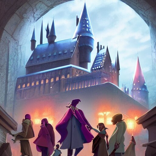 a wholesome animation key shot of harry potter classes, colorful, pixar and disney animation, sharp, very detailed, high resolution, key art by greg rutkowski, bloom, dramatic lighting 