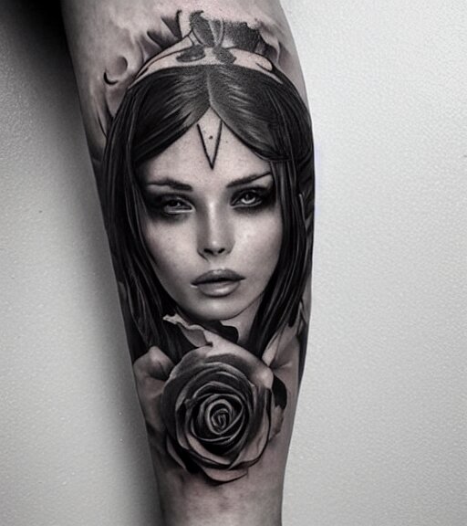 tattoo design on white background of a beautiful girl warrior, roses, hyper realistic, realism tattoo, by eliot kohek, beautiful eyes, realistic face, black and white 