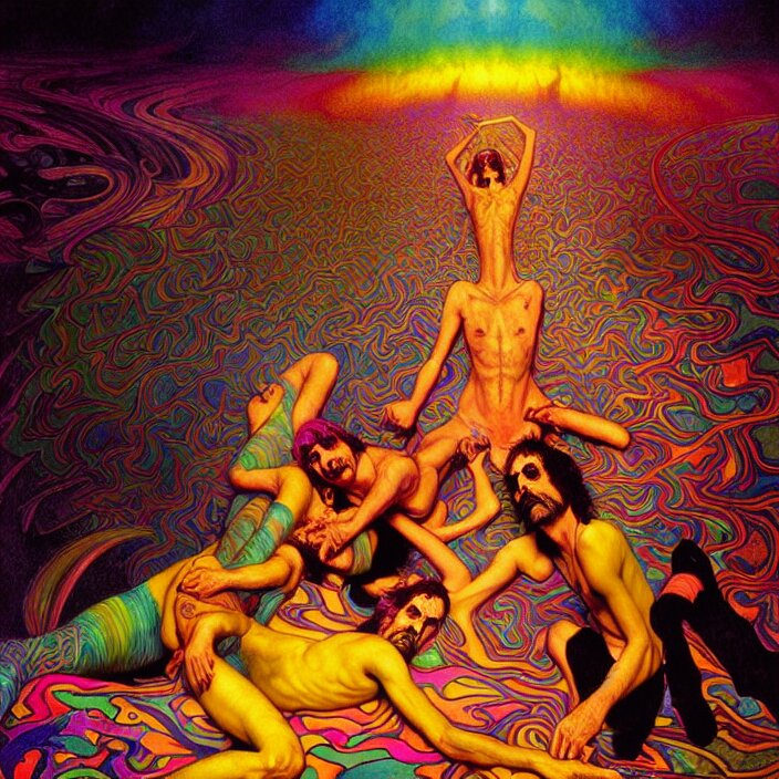 bright psychedelic photo of pink floyd and frank zappa tripping on lsd, diffuse lighting, fantasy, intricate, elegant, highly detailed, lifelike, photorealistic, digital painting, artstation, illustration, concept art, smooth, sharp focus, art by John Collier and Albert Aublet and Krenz Cushart and Artem Demura and Alphonse Mucha