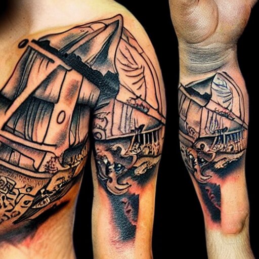 A pirate ship tattoo design in the design of Dmitriy Samohin