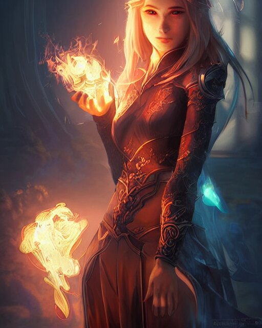 digital art by wlop and artgerm in the style of throne of glass book covers illustrations, a young adult female magician with fireballs in hand and a blue magic lighting aurea overlay 