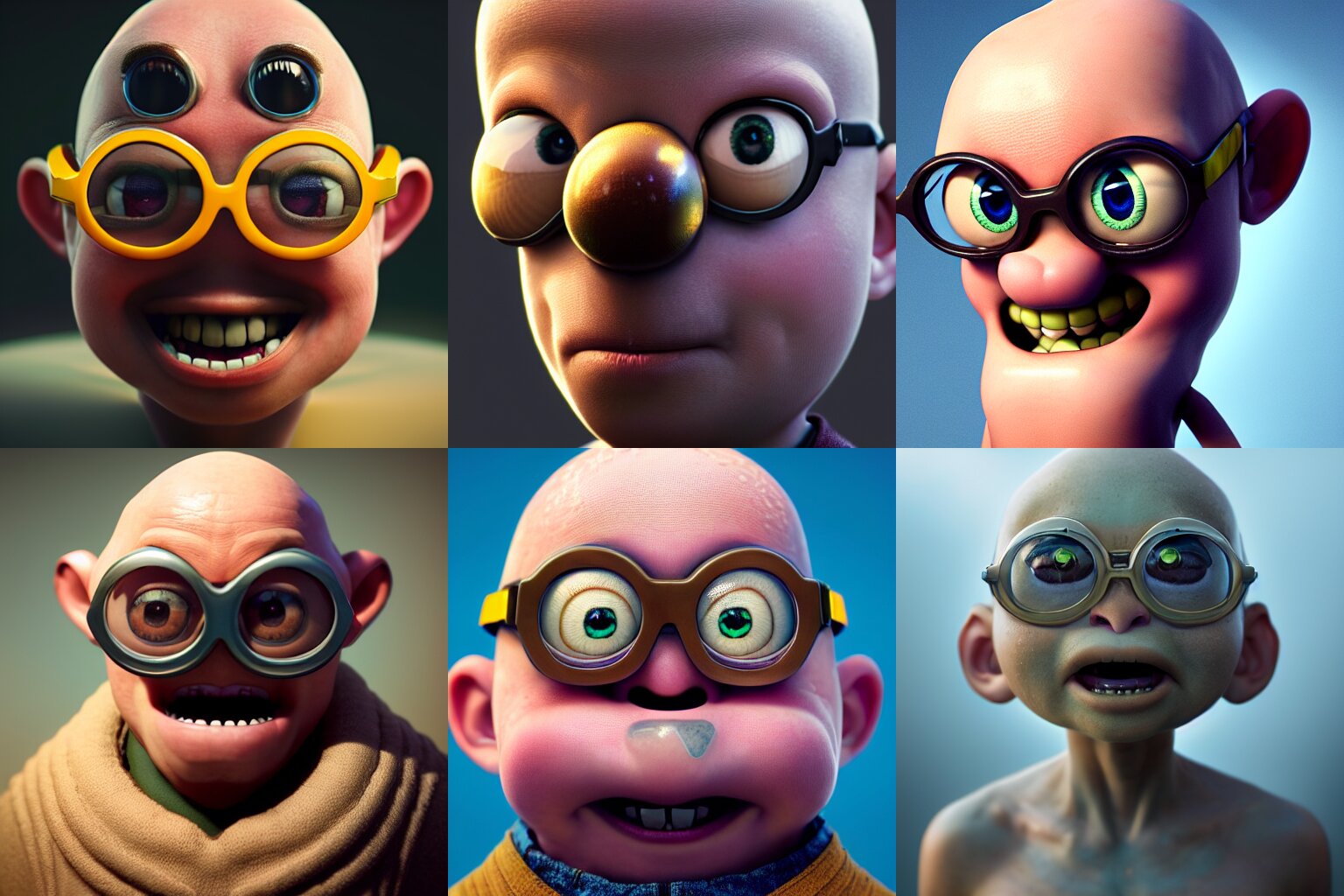 incredibly realistic, too detailed face of bald minion inkling, octane render, bump mapping, macro image, global illumination, 8 k, bokeh, enki bilal, yuji himukai, jen zee, mohrbacher 