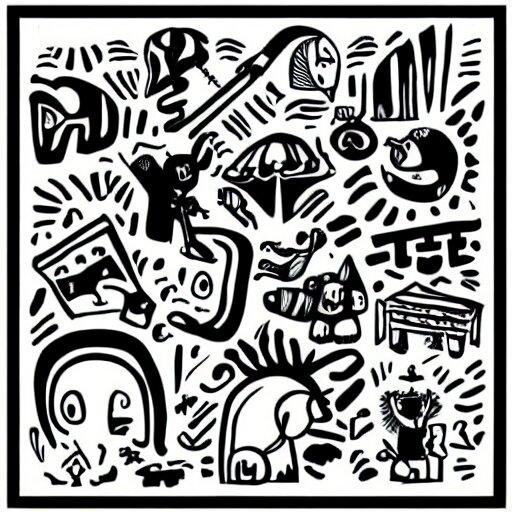 black and white composition of a variety of doodles, drawings, faces, symbols, cartoons, lineart, cave drawing, silhouette, tattoo, chinese ink brush 