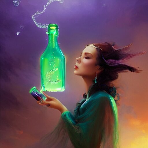 epic portrait an beautiful witch holding an potion bottle full of sparkling glitter liquid, green liquid, glowing, beautiful, goddess, glossy lips, sweaty skin, wet flowing long hair, witch hat, broad light, ambient occlusion, volumetric light effect, made by ivan aivazovsky, peter mohrbacher, greg rutkowski, matte painting, trending on artstation, 4 k, perfectly defined features, digital painting, 