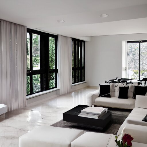 A modern living room with a beautiful white marble table between 2 white sofas ,on the left of the living room there are floor to ceiling glass window and on the right of the living room there are wooden stairs to the second floor, 8k resolution, professional interior design photograph