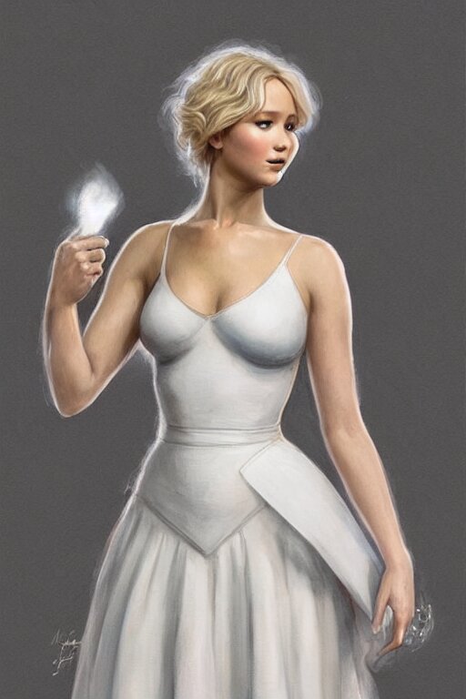 Jennifer Lawrence as Queen wearing a White Dress, anatomy, only two hands, highly detailed, digital painting, artstation, concept art, smooth, sharp focus, illustration, Unreal Engine 5, 8K, art by art by artgerm and greg rutkowski and edgar maxence