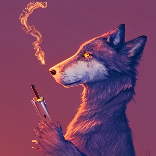 a a robotic wolf smoking a cigarette vibrant lighting, elegant, highly detailed, smooth, sharp focus, illustration, beautiful, geometric, trending on artstation, full body, cinematic, artwork by borovikovsky 
