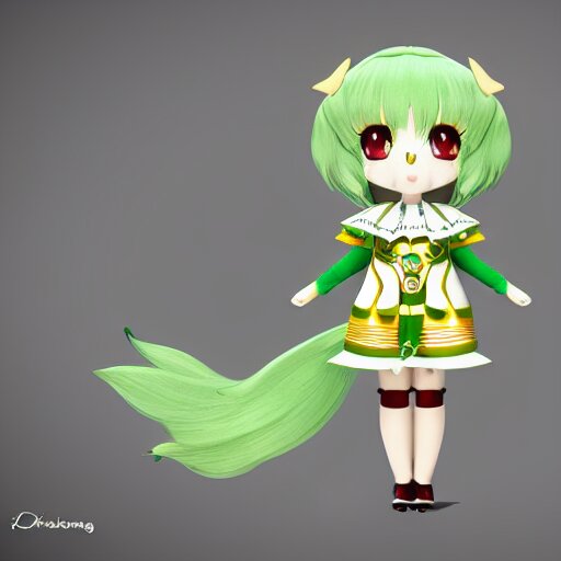 cute fumo plush of a girl in a green and gold tribal patterned dress, stylized material bssrdf, cel shading, vray, anime girl 