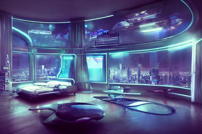 a futuristic bedroom with large curved ceiling high windows looking out to a far future cyberpunk cityscape, cyberpunk neon lights, raining, scifi