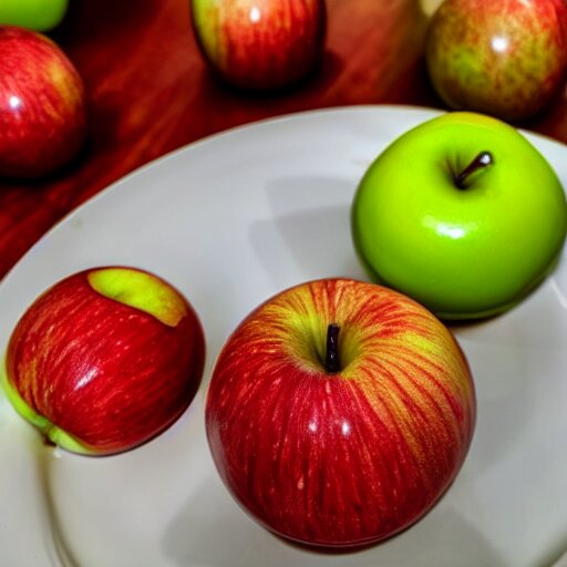 a wide angle side view realistic photo of only 3 apples on a colorful plate, award winning 