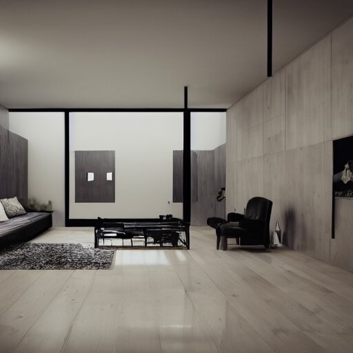 brutalist house interior design ominous dark powerful giant open space high quality furniture octane render 