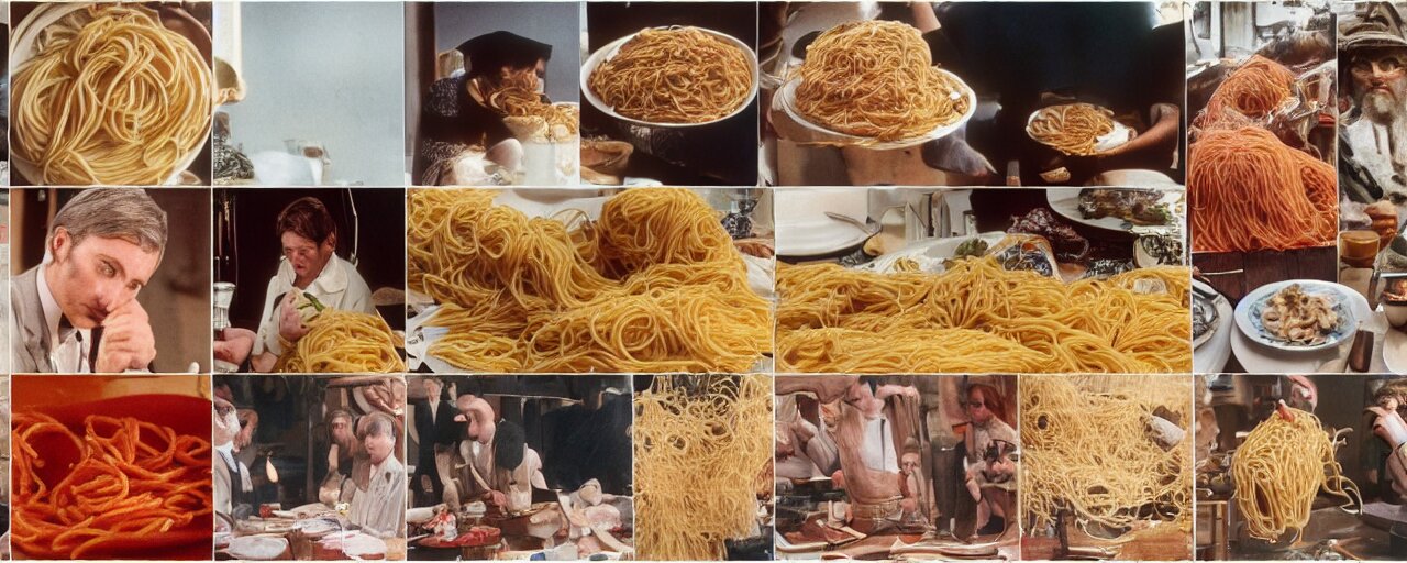 famous moments in history that include spaghetti, small details, intricate, canon 5 0 mm, wes anderson film, kodachrome 